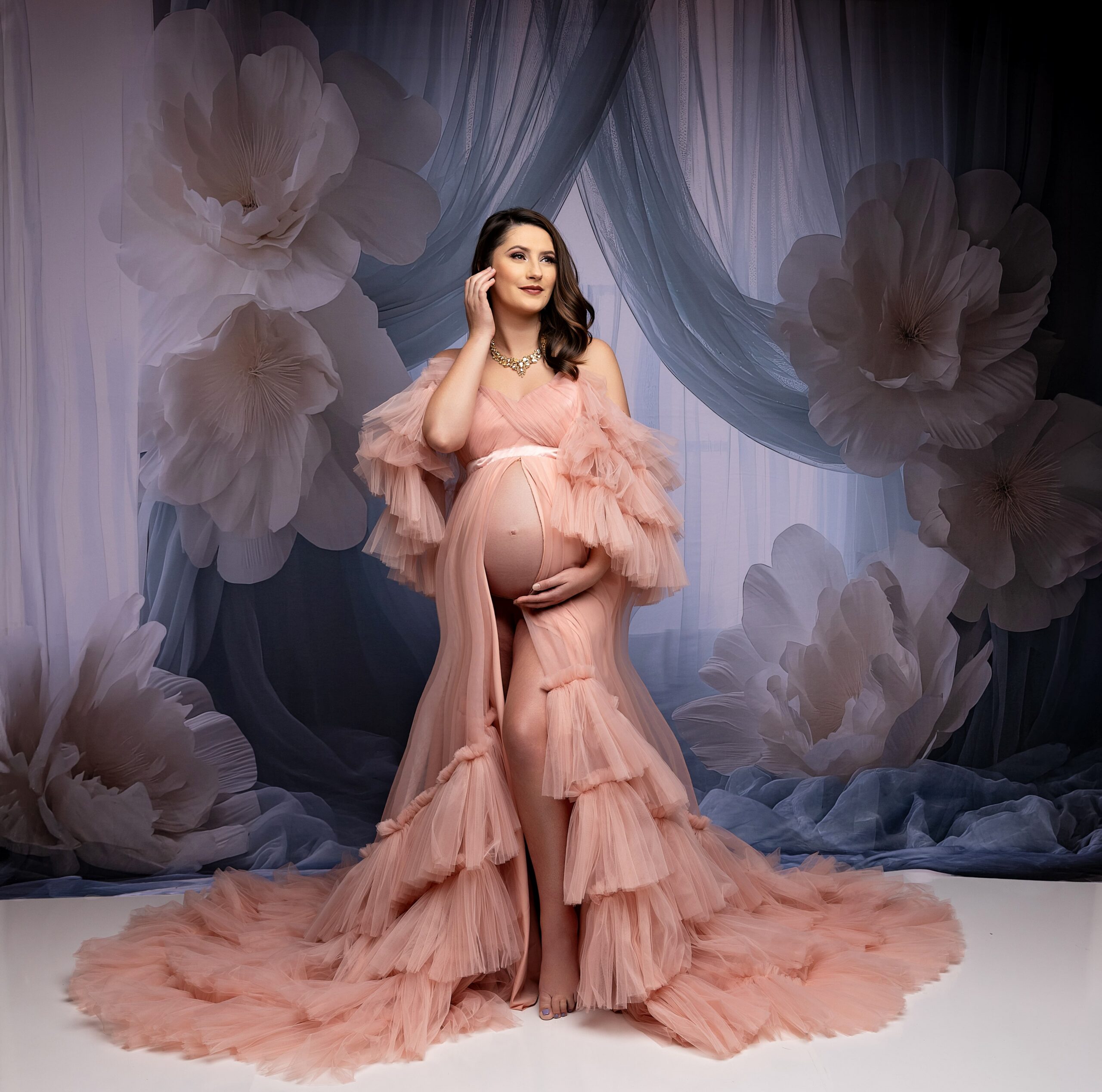 Luxury blush gown maternity portrait at Phoenix maternity photography studio