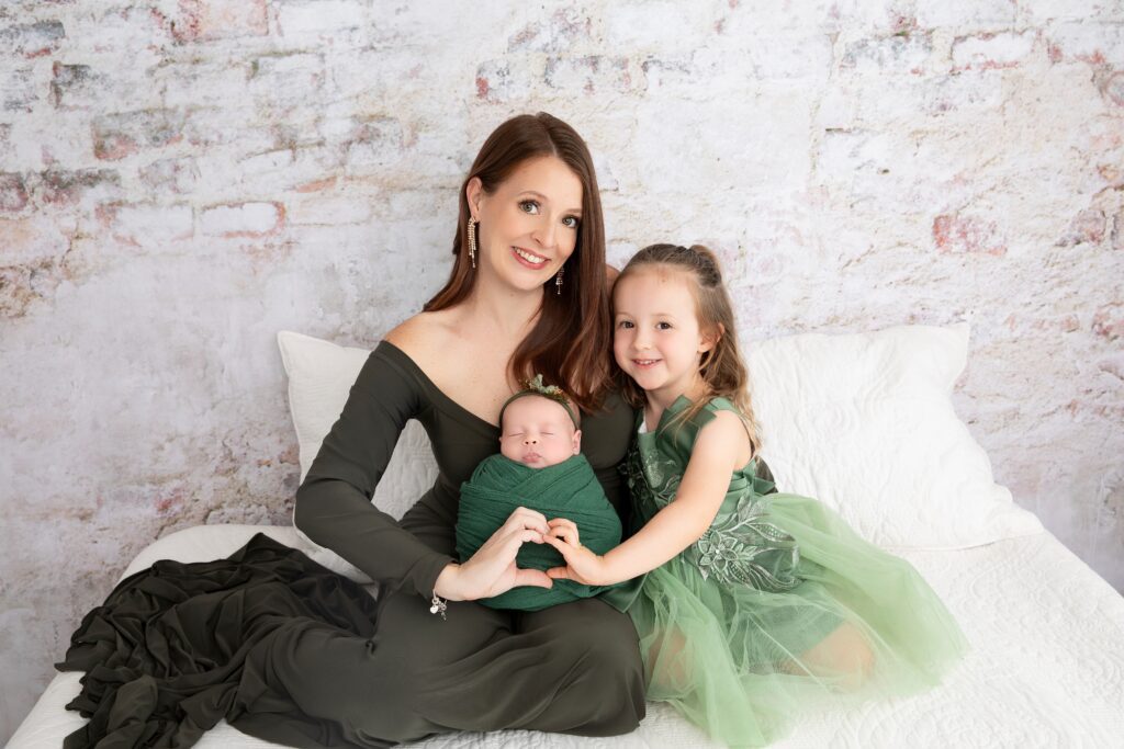 Mother and Daughter Portrait in Green Dresses | In-Studio Family Photography Arizona