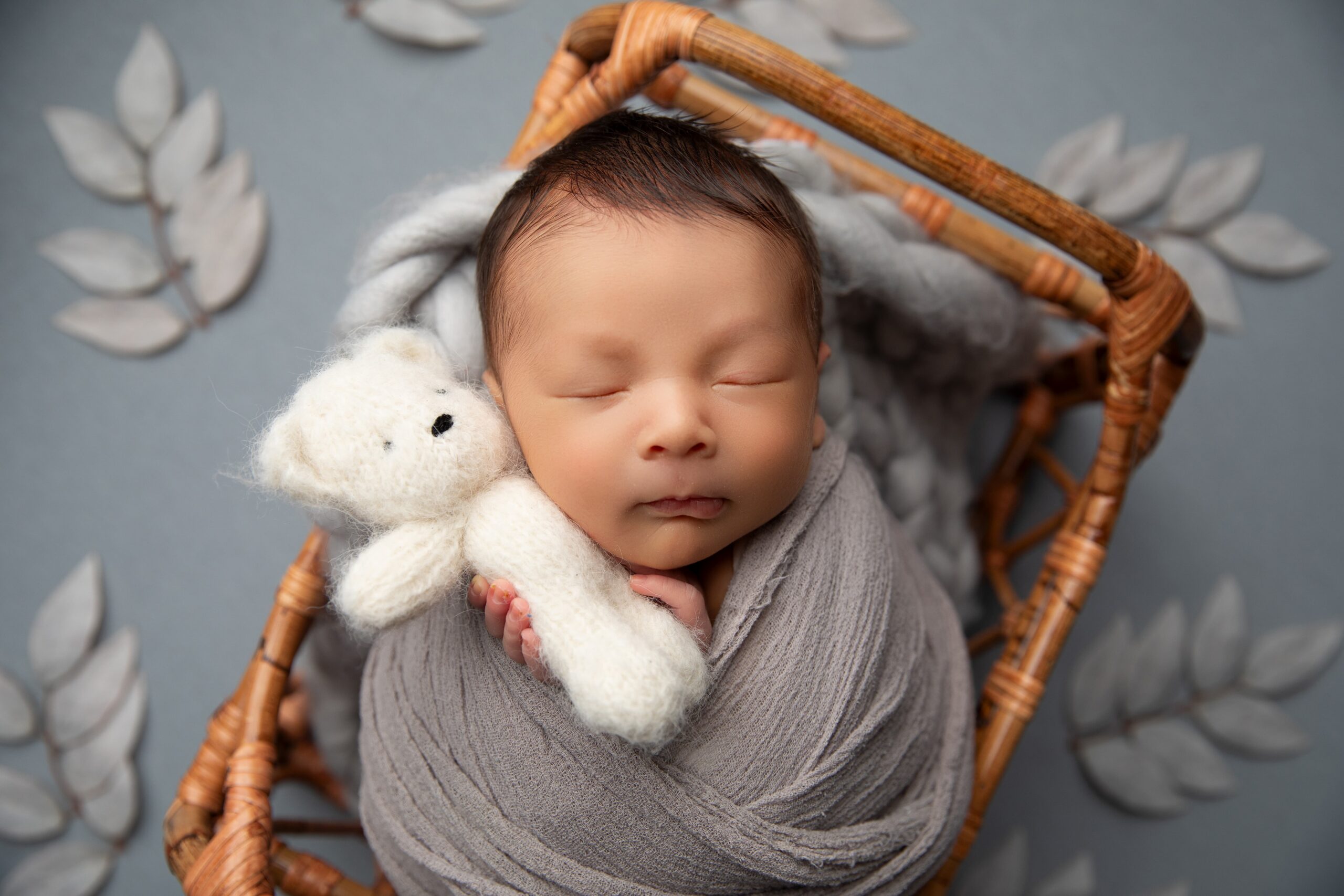 Sleeping newborn baby posed in soft gray tones and teddy for a fine-art in-studio newborn photography session.
